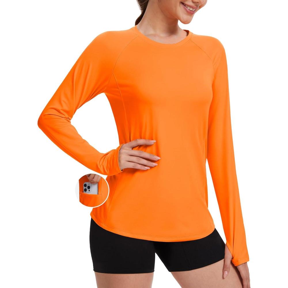 imageTACVASEN Sun Shirt Women Long Sleeve Athletic Yoga UPF 50 Tops with Thumb Holes Quick Dry UV Protection Running ShirtsFrorange
