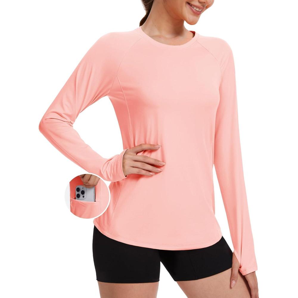 imageTACVASEN Sun Shirt Women Long Sleeve Athletic Yoga UPF 50 Tops with Thumb Holes Quick Dry UV Protection Running ShirtsLightpink