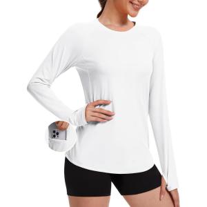 imageTACVASEN Sun Shirt Women Long Sleeve Athletic Yoga UPF 50 Tops with Thumb Holes Quick Dry UV Protection Running ShirtsWhite