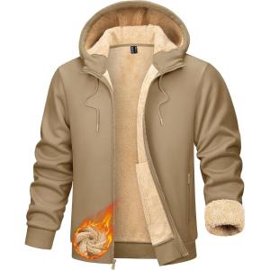 imageTACVASEN Mens Zip Up Sherpa Lined Hoodies Thick Fleece Heavyweight Jacket Windproof Thermal Zipper SweatshirtKhaki