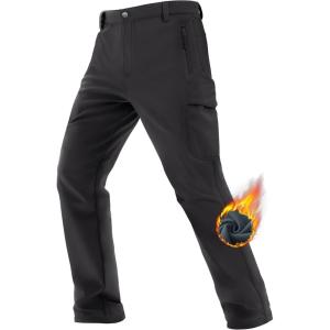 imageTACVASEN Mens Winter Hiking Pants Fleece Lined Cargo Tactical Work Softshell Snow Ski Waterproof Pants with PocketsBlack