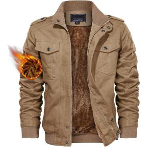 imageTACVASEN Mens Winter Jacket Fleece Lined Military Jacket Cargo Windbreaker Zip Front Stand Collar Coat with Multi Pockets02 Khaki