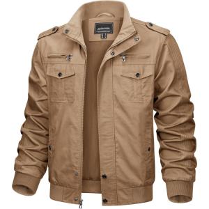 imageTACVASEN Mens Winter Jacket Fleece Lined Military Jacket Cargo Windbreaker Zip Front Stand Collar Coat with Multi Pockets9931 Khaki