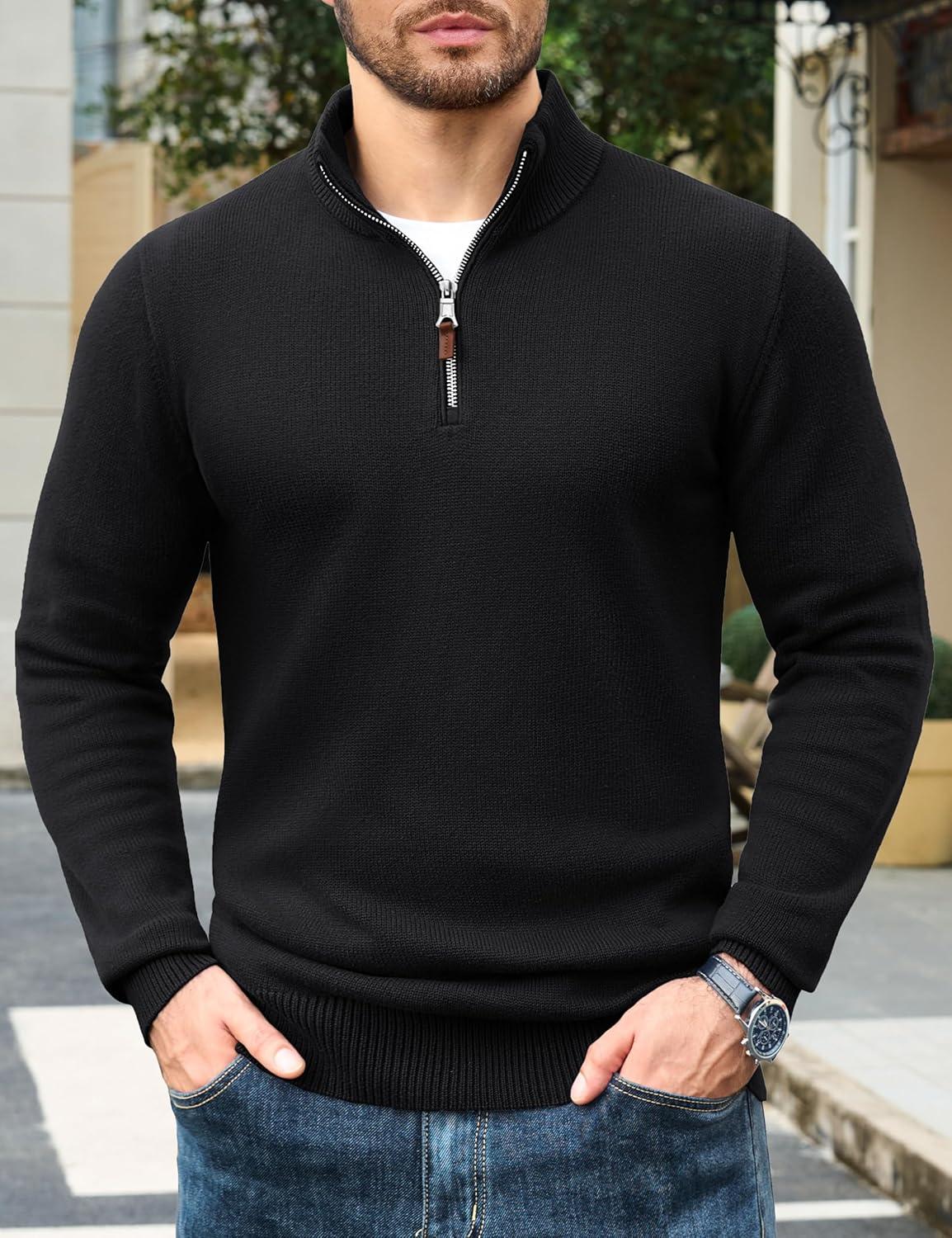 imageTACVASEN Mens 14 Zip Sweaters Cotton Casual Pullover Sweaters Knit Fall Winter Sweatshirts01 Black