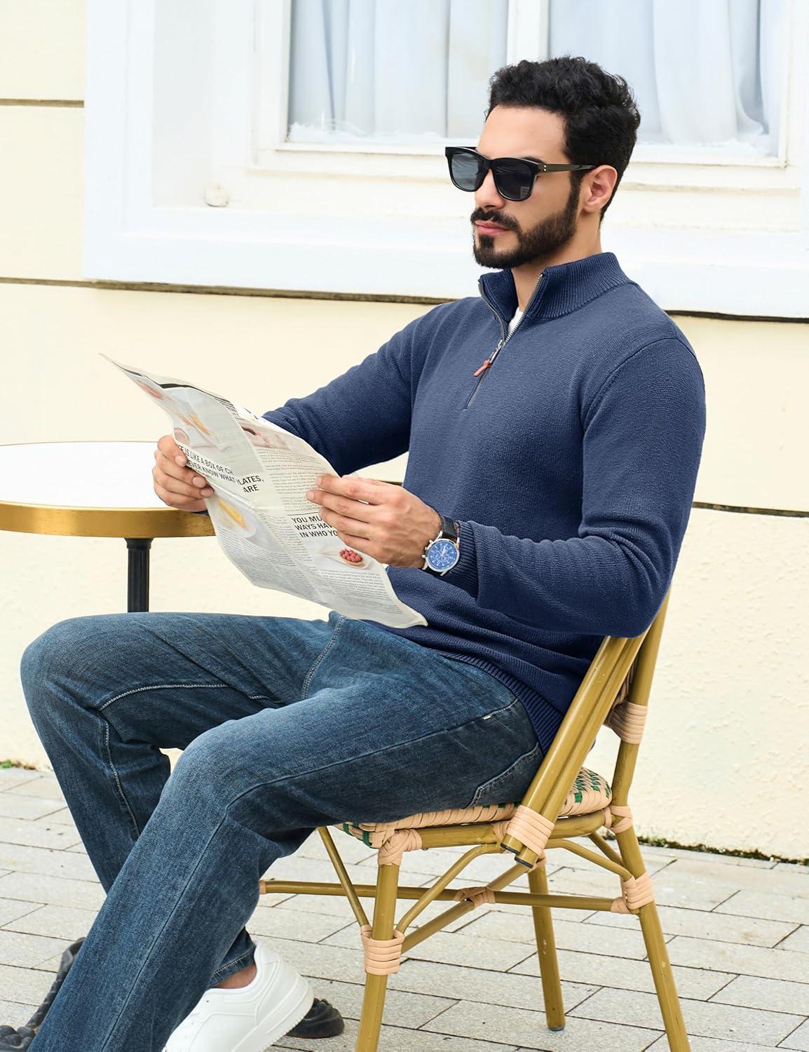 imageTACVASEN Mens 14 Zip Sweaters Cotton Casual Pullover Sweaters Knit Fall Winter Sweatshirts02 Denim Blue