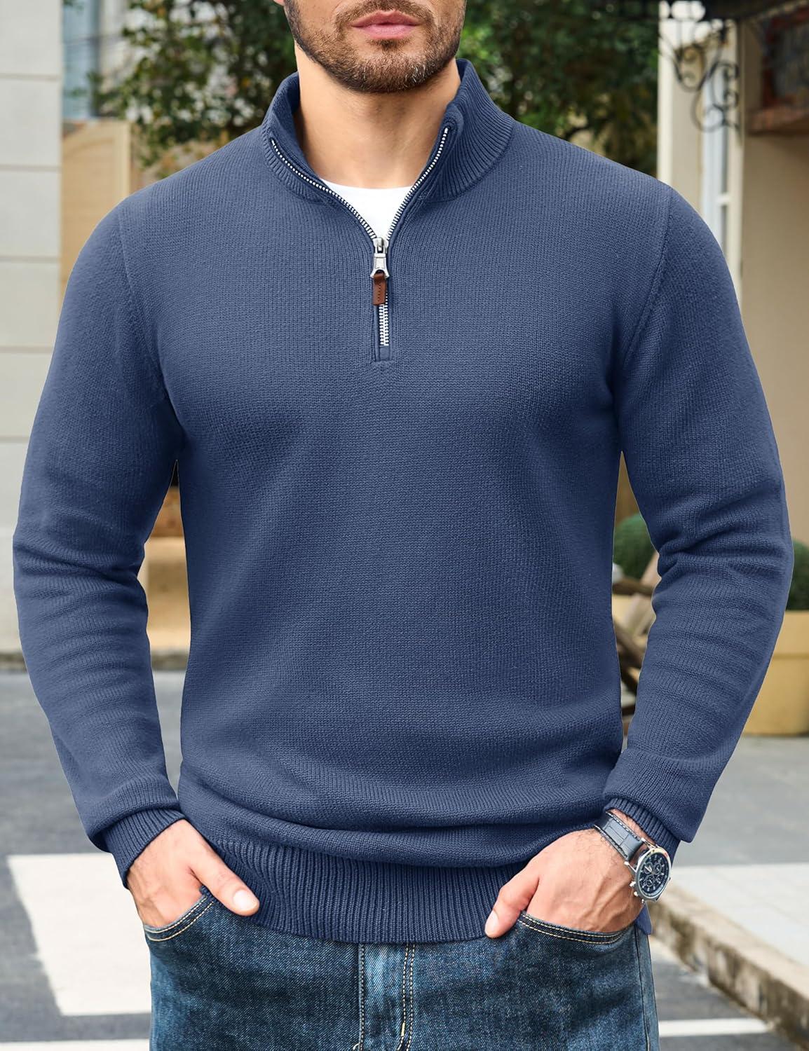imageTACVASEN Mens 14 Zip Sweaters Cotton Casual Pullover Sweaters Knit Fall Winter Sweatshirts02 Denim Blue