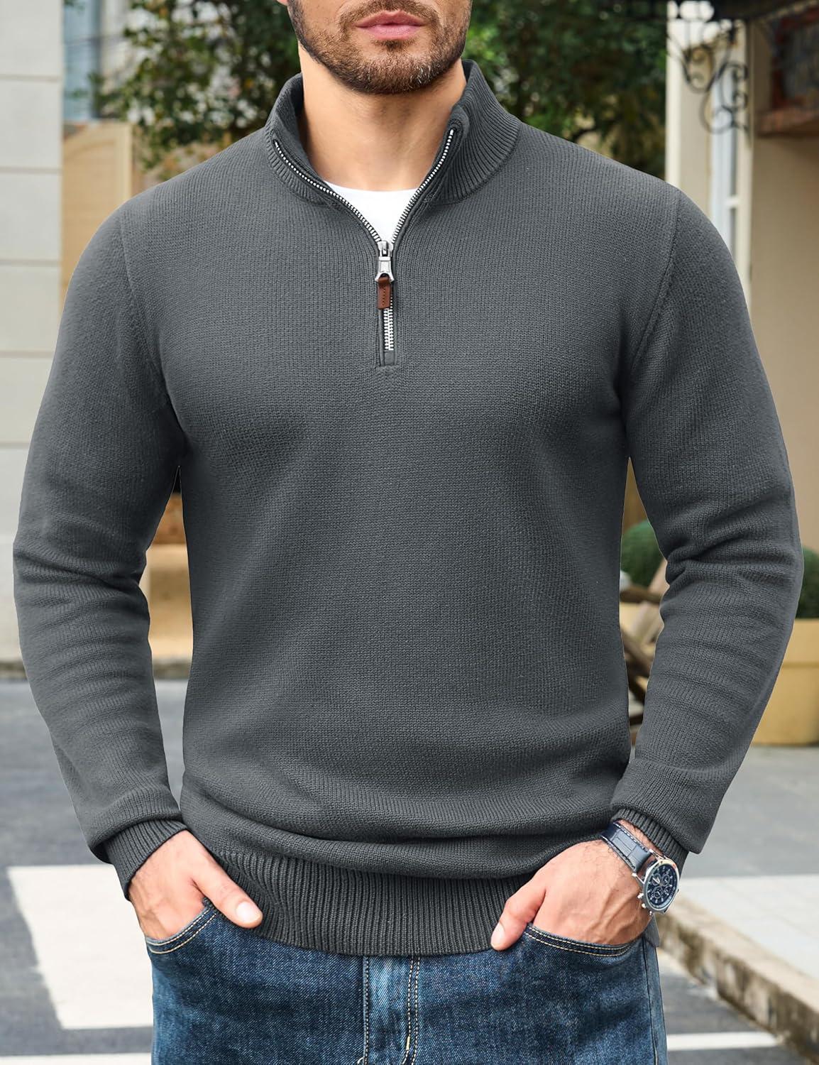 imageTACVASEN Mens 14 Zip Sweaters Cotton Casual Pullover Sweaters Knit Fall Winter Sweatshirts03 Dark Grey