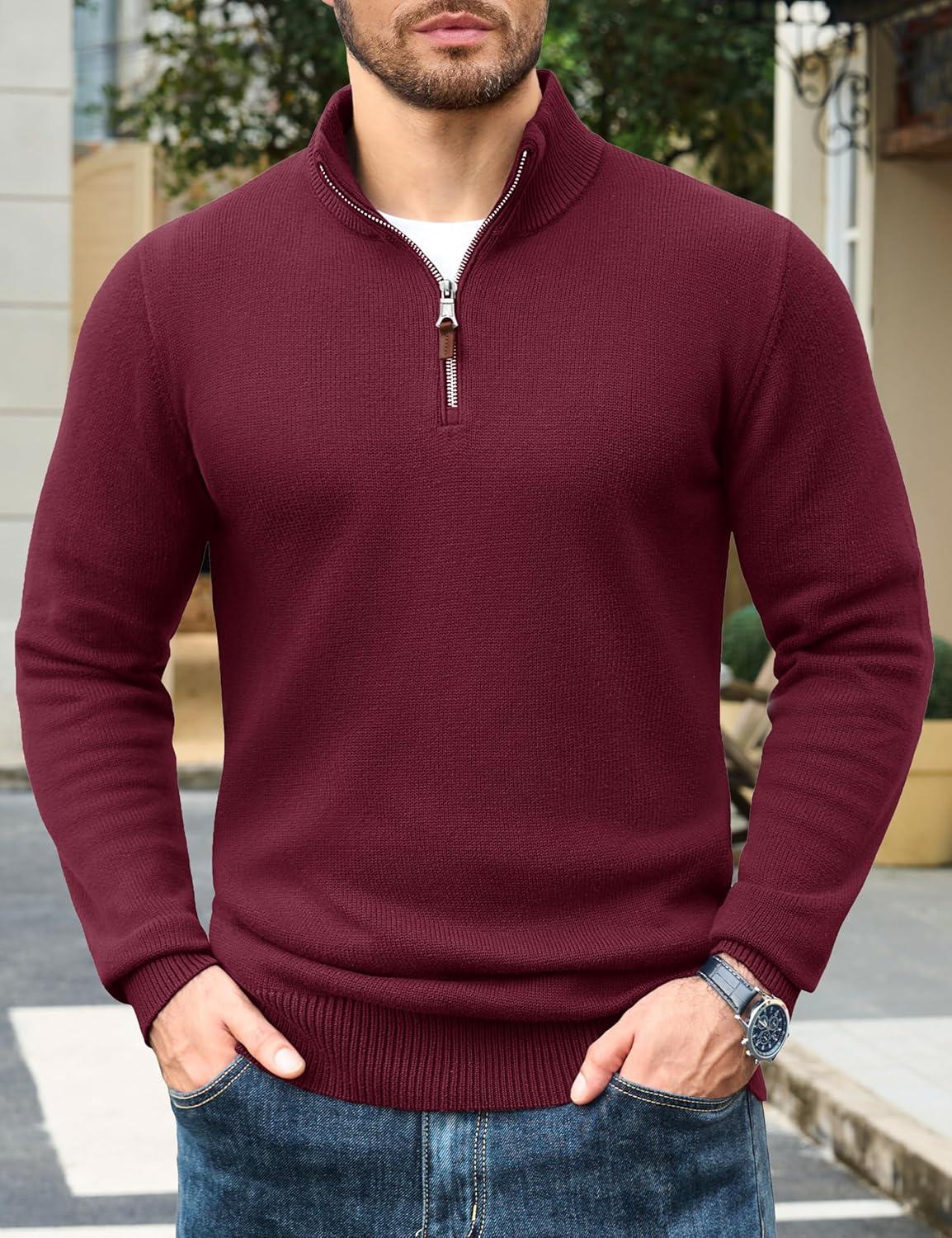 imageTACVASEN Mens 14 Zip Sweaters Cotton Casual Pullover Sweaters Knit Fall Winter Sweatshirts05 Wine Red