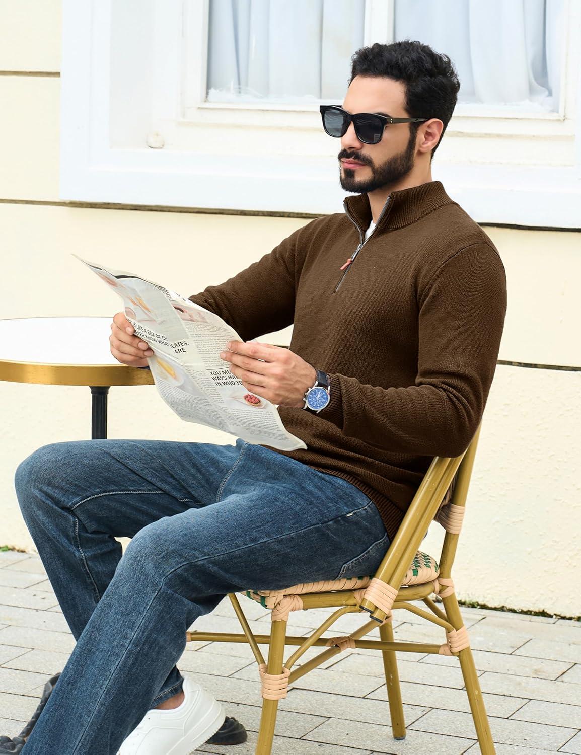 imageTACVASEN Mens 14 Zip Sweaters Cotton Casual Pullover Sweaters Knit Fall Winter SweatshirtsBrown