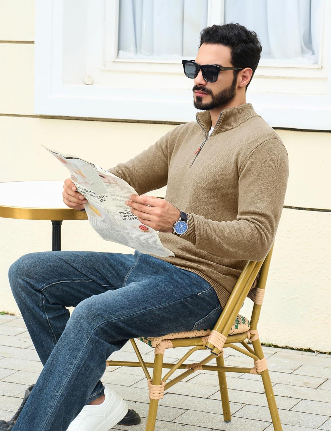 imageTACVASEN Mens 14 Zip Sweaters Cotton Casual Pullover Sweaters Knit Fall Winter SweatshirtsKhaki