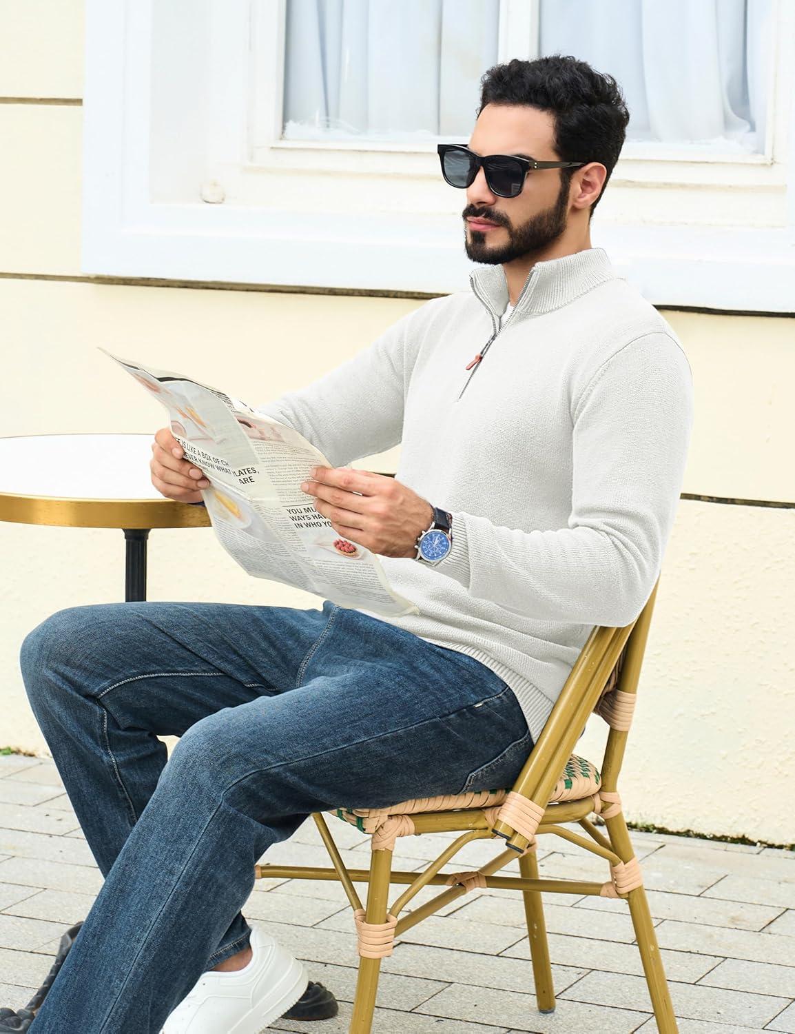 imageTACVASEN Mens 14 Zip Sweaters Cotton Casual Pullover Sweaters Knit Fall Winter SweatshirtsWhite