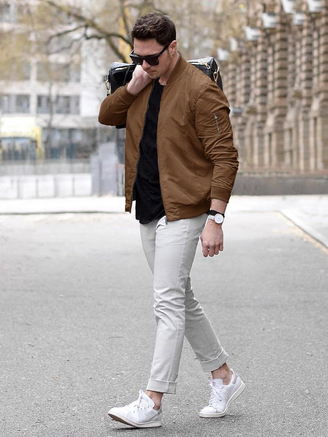 imageTACVASEN Mens Bomber Jacket Lightweight Casual Spring Fall Windbreaker Zip Up Coat with Pocket01 Brown