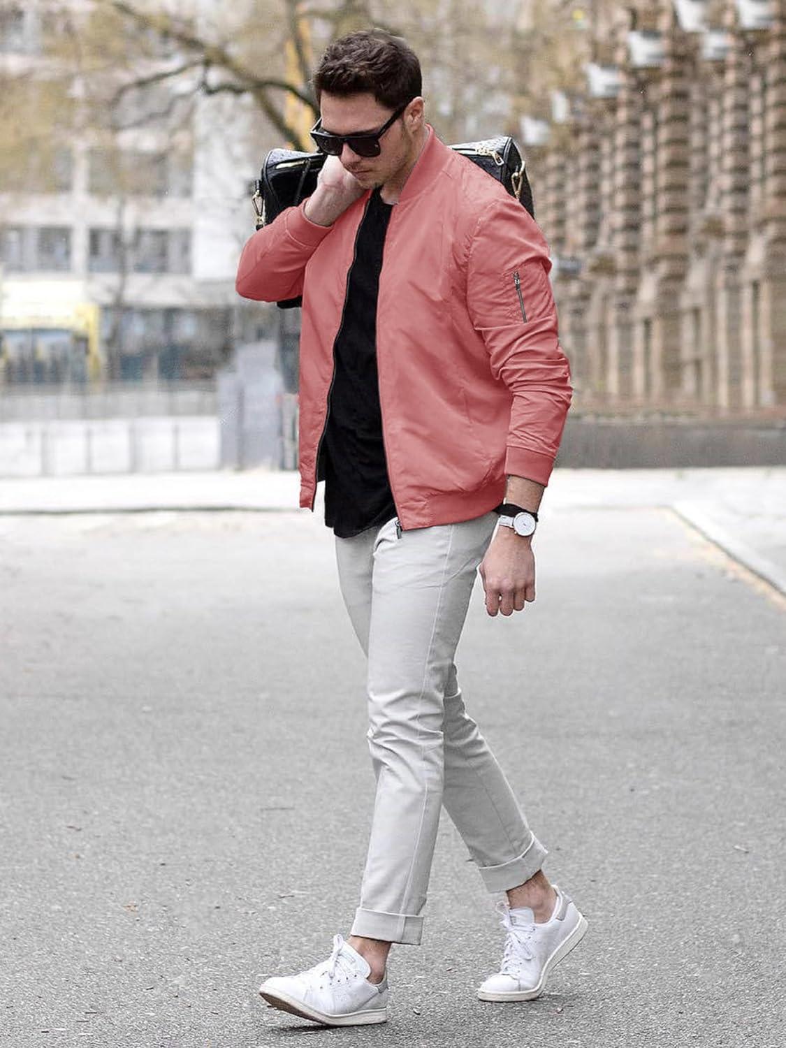 imageTACVASEN Mens Bomber Jacket Lightweight Casual Spring Fall Windbreaker Zip Up Coat with Pocket01 Grey Pink