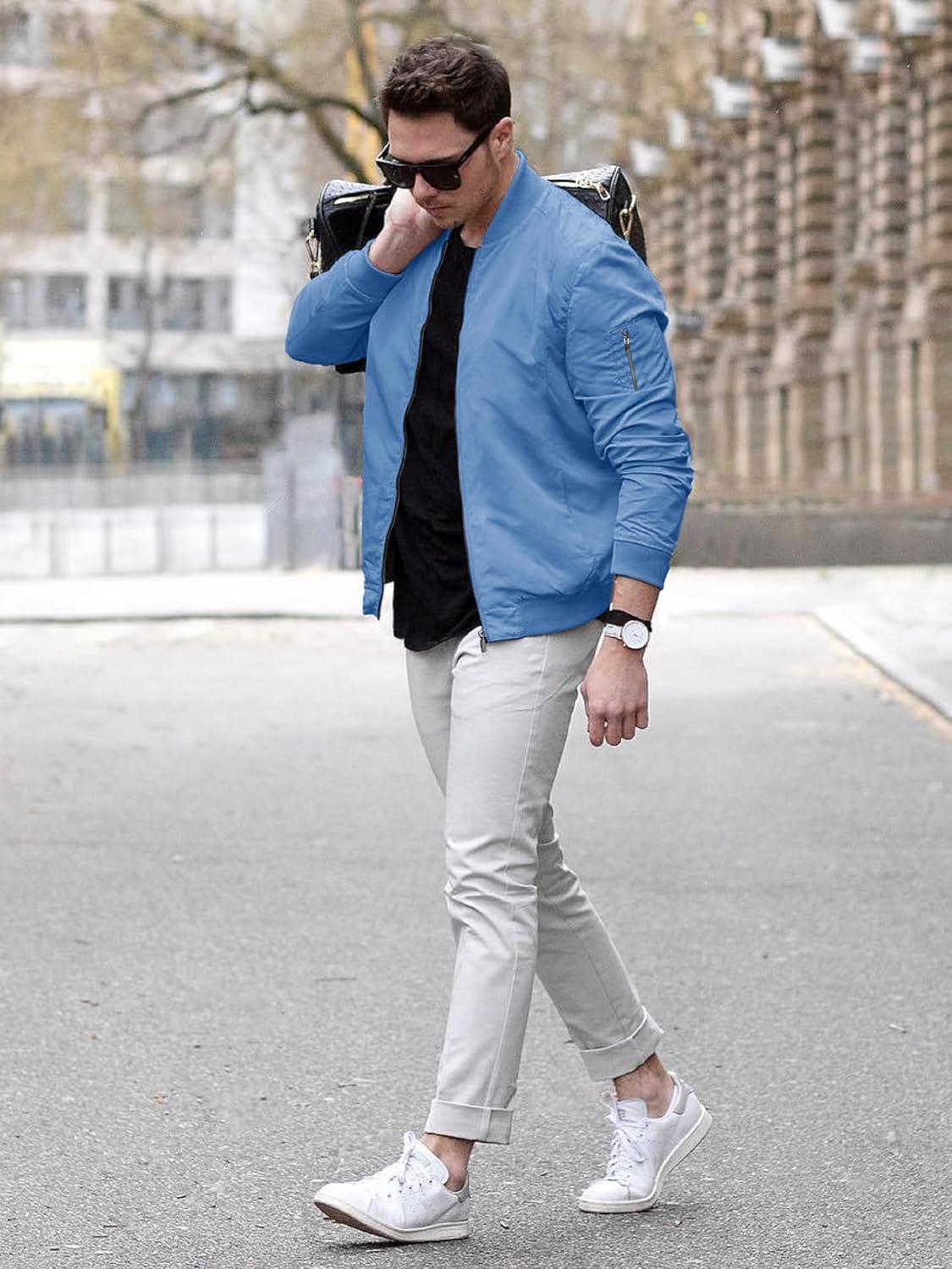 imageTACVASEN Mens Bomber Jacket Lightweight Casual Spring Fall Windbreaker Zip Up Coat with Pocket01 Light Blue