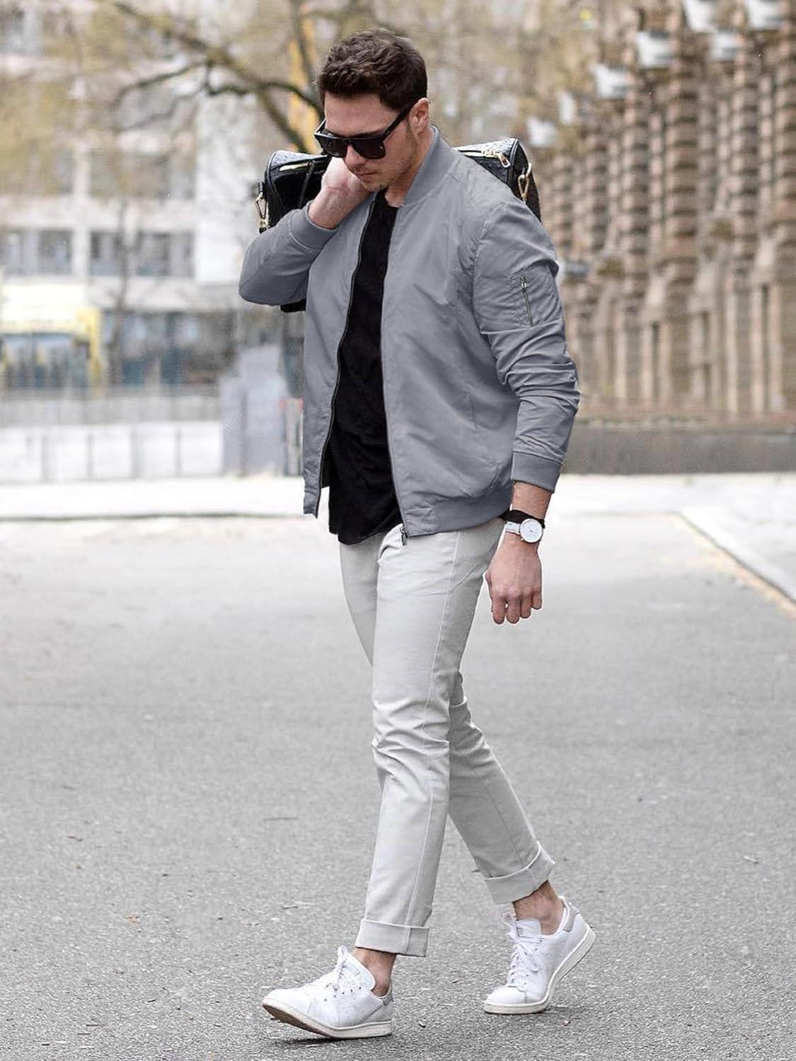 imageTACVASEN Mens Bomber Jacket Lightweight Casual Spring Fall Windbreaker Zip Up Coat with Pocket01 Light Grey