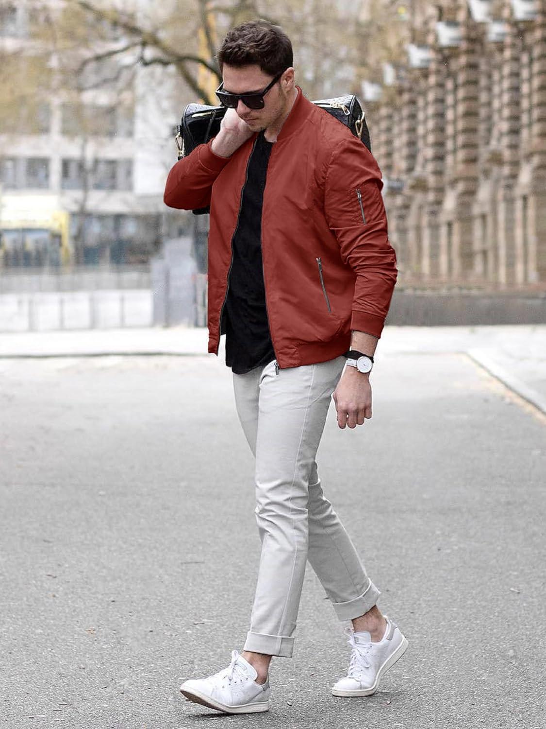 imageTACVASEN Mens Bomber Jacket Lightweight Casual Spring Fall Windbreaker Zip Up Coat with Pocket02 Orange Red