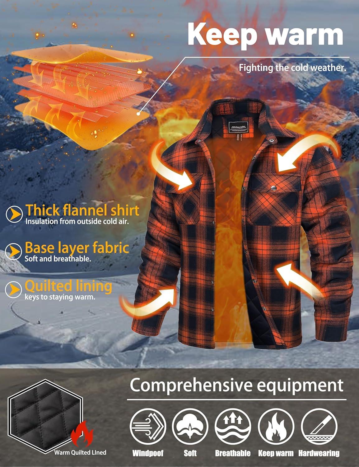 imageTACVASEN Mens Flannel Shirt Quilted Lined Theraml Winter Coat Button Down Insulated Flannel Shirts Jacket00 Orange