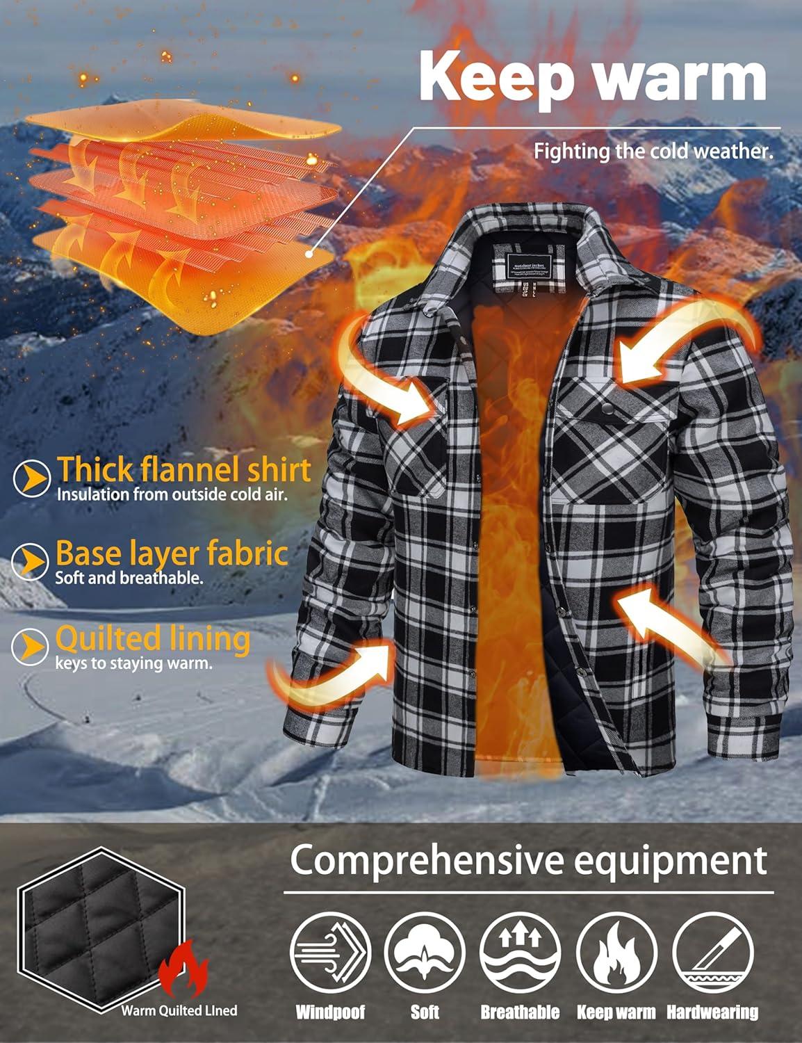 imageTACVASEN Mens Flannel Shirt Quilted Lined Theraml Winter Coat Button Down Insulated Flannel Shirts JacketBlack