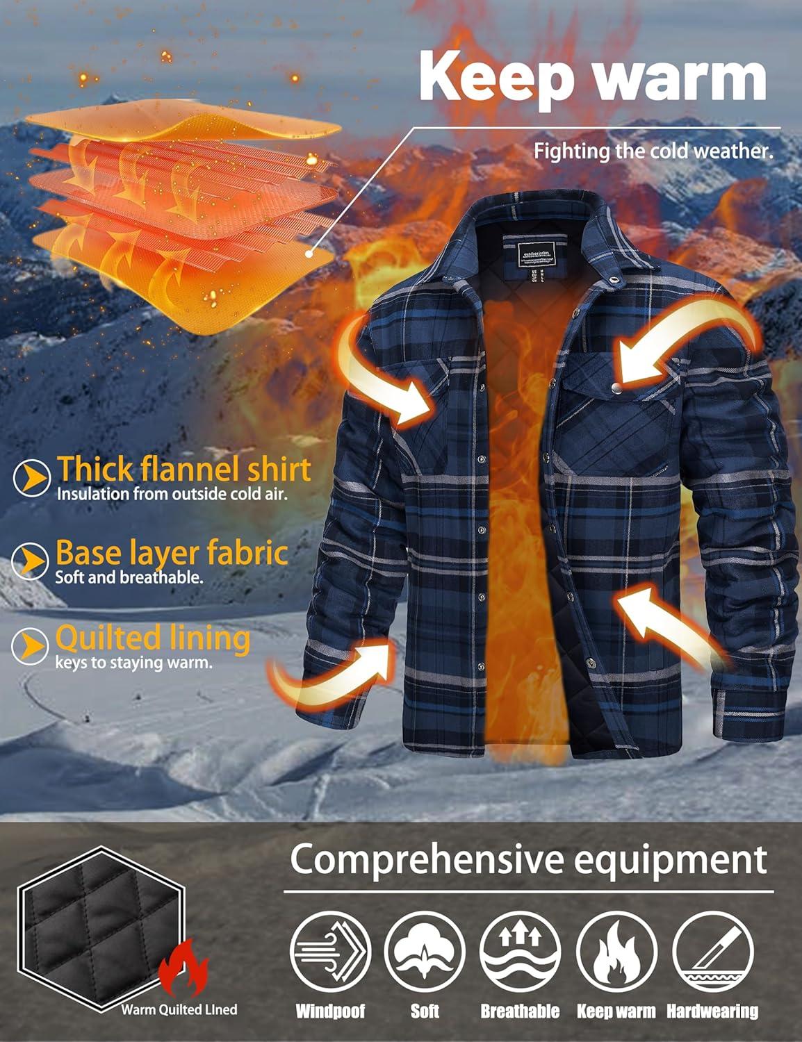 imageTACVASEN Mens Flannel Shirt Quilted Lined Theraml Winter Coat Button Down Insulated Flannel Shirts JacketBlue Grey