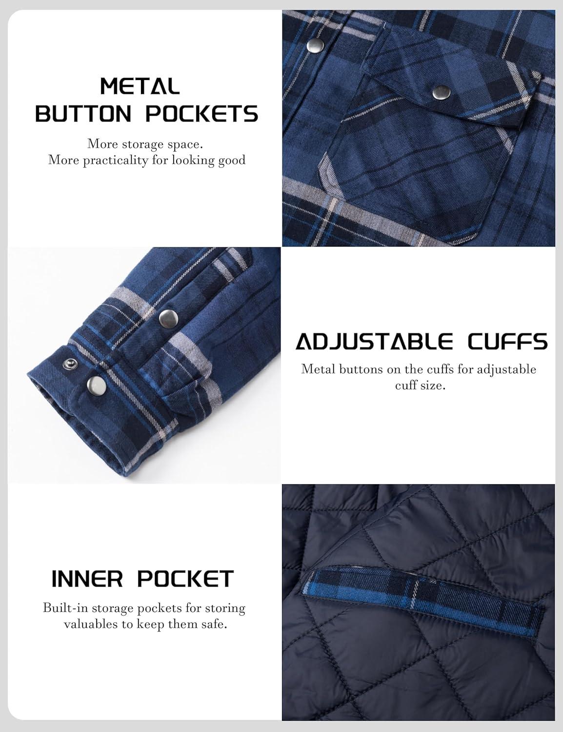 imageTACVASEN Mens Flannel Shirt Quilted Lined Theraml Winter Coat Button Down Insulated Flannel Shirts JacketBlue Grey
