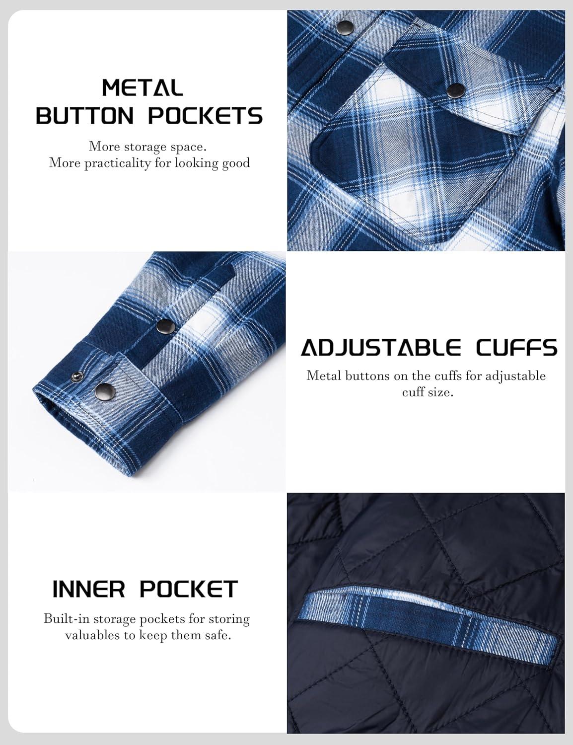 imageTACVASEN Mens Flannel Shirt Quilted Lined Theraml Winter Coat Button Down Insulated Flannel Shirts JacketBlue White