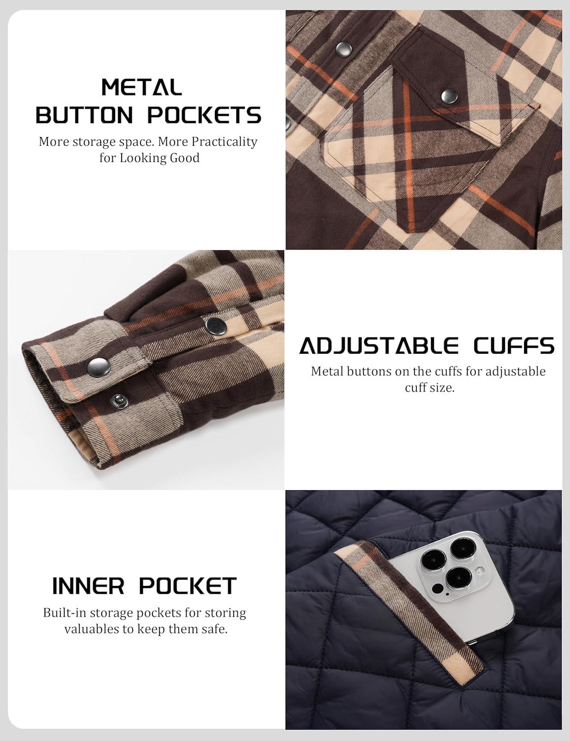 imageTACVASEN Mens Flannel Shirt Quilted Lined Theraml Winter Coat Button Down Insulated Flannel Shirts JacketBrown Yellow