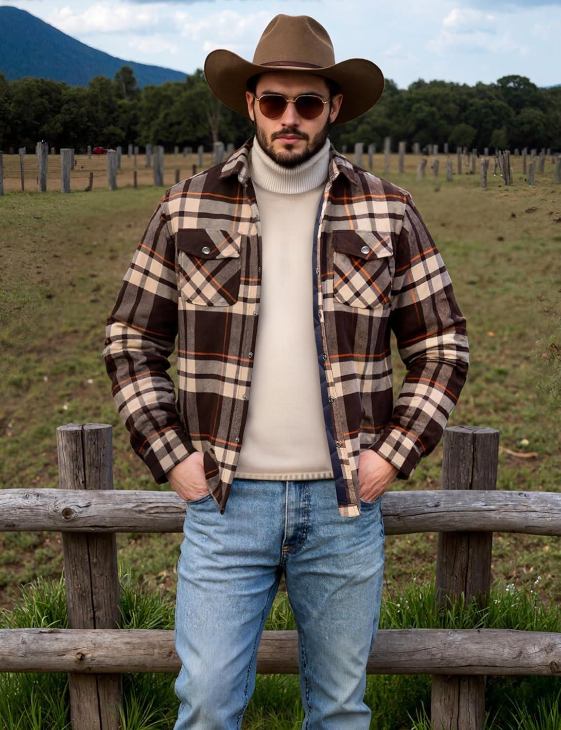 imageTACVASEN Mens Flannel Shirt Quilted Lined Theraml Winter Coat Button Down Insulated Flannel Shirts JacketBrown Yellow