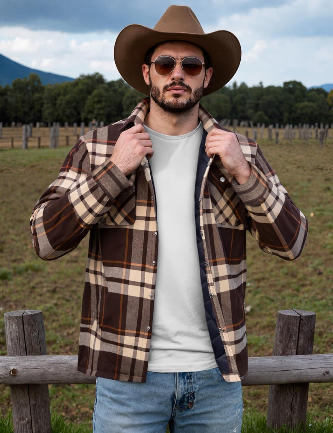 imageTACVASEN Mens Flannel Shirt Quilted Lined Theraml Winter Coat Button Down Insulated Flannel Shirts JacketBrown Yellow