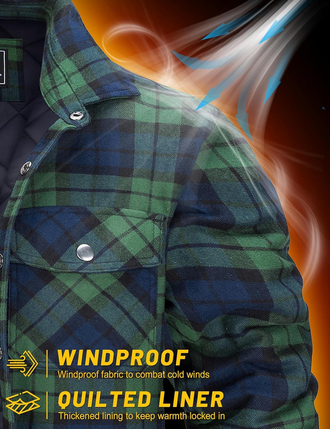 imageTACVASEN Mens Flannel Shirt Quilted Lined Theraml Winter Coat Button Down Insulated Flannel Shirts JacketGreen