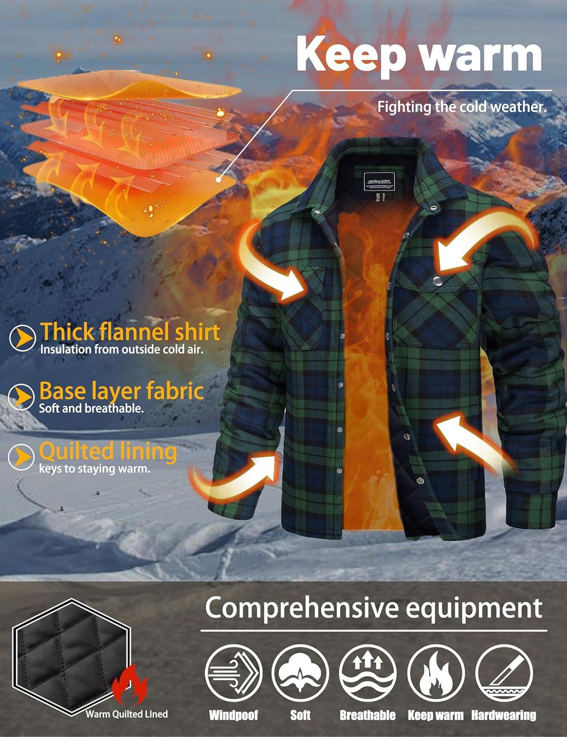imageTACVASEN Mens Flannel Shirt Quilted Lined Theraml Winter Coat Button Down Insulated Flannel Shirts JacketGreen