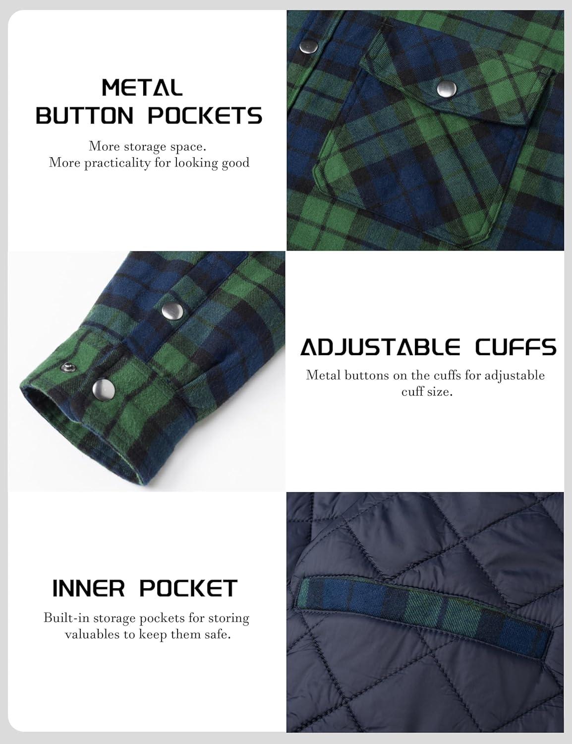 imageTACVASEN Mens Flannel Shirt Quilted Lined Theraml Winter Coat Button Down Insulated Flannel Shirts JacketGreen