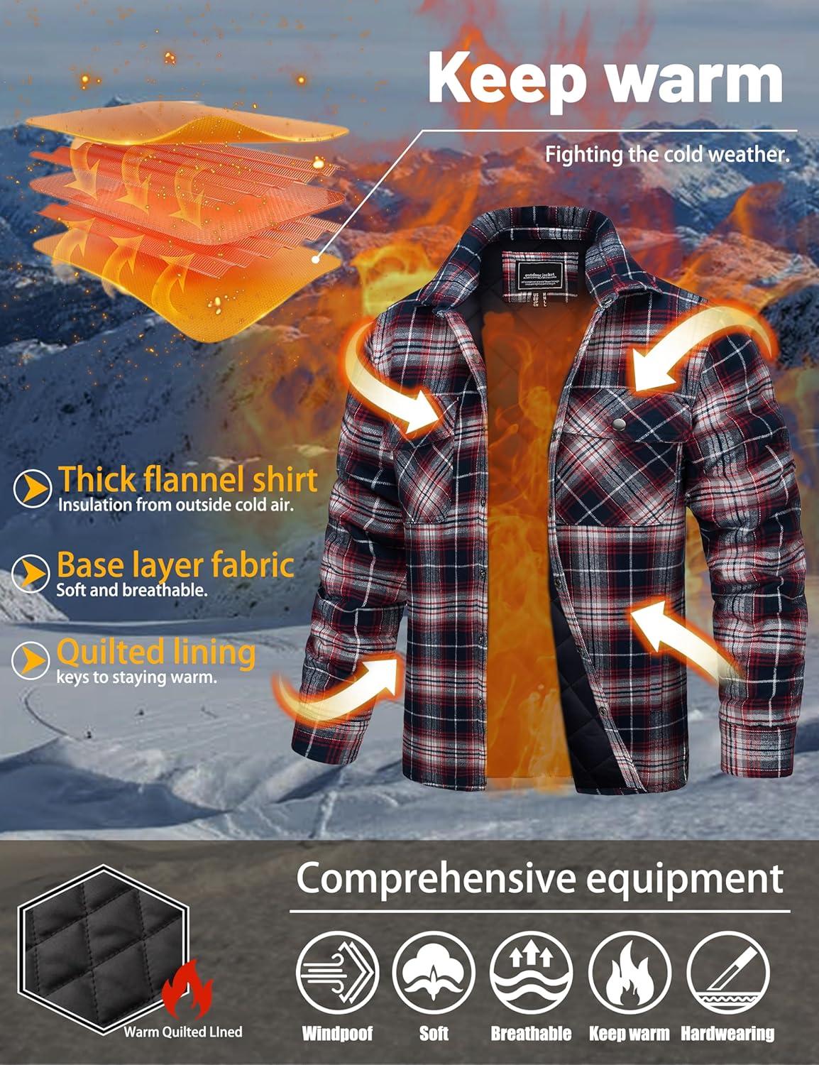 imageTACVASEN Mens Flannel Shirt Quilted Lined Theraml Winter Coat Button Down Insulated Flannel Shirts JacketRed
