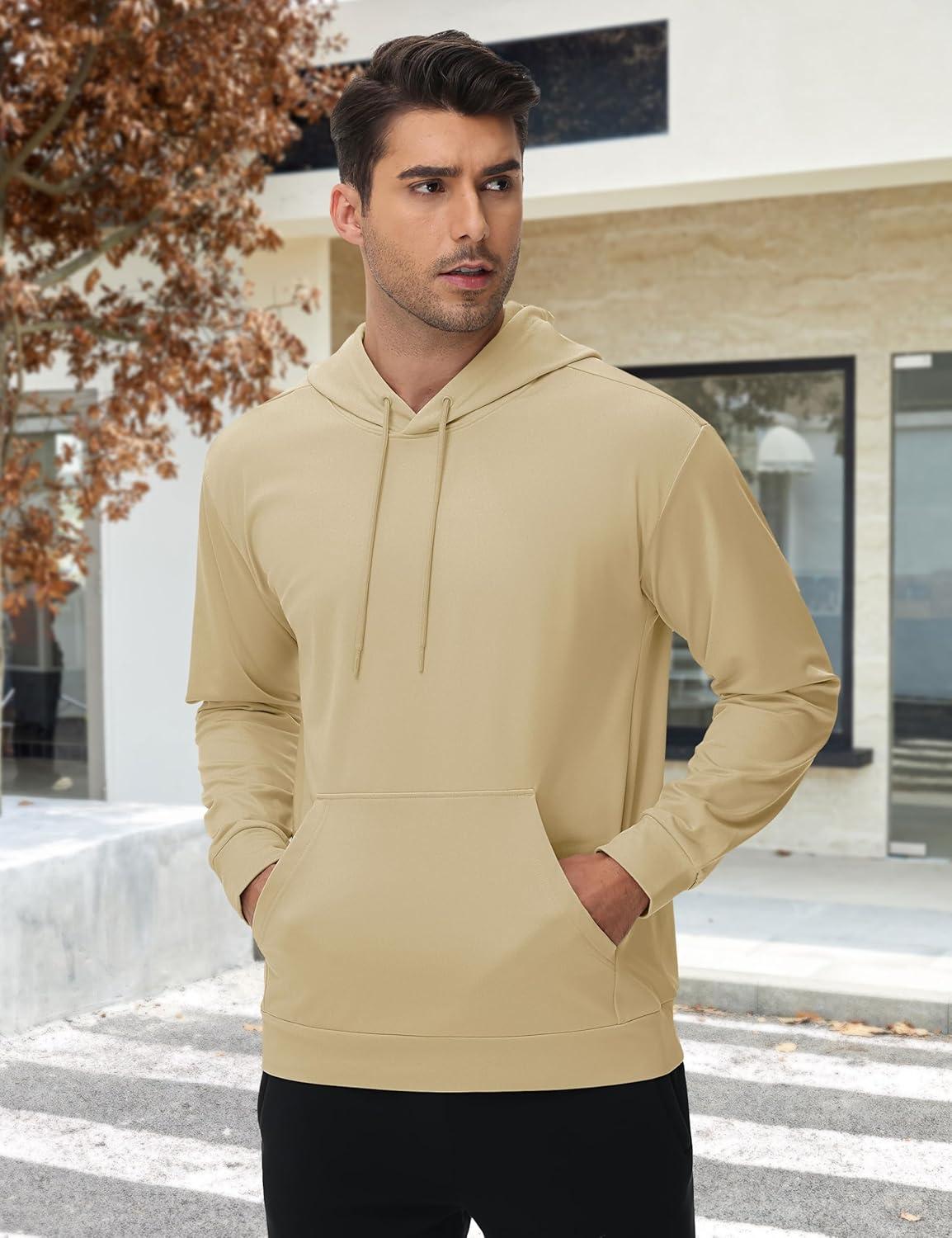 imageTACVASEN Mens Hoodies Fleece Lined Pullover Athletic Waterresistant Casual Workout Midweight Sweatshirts Kangaroo PocketsLightkhaki