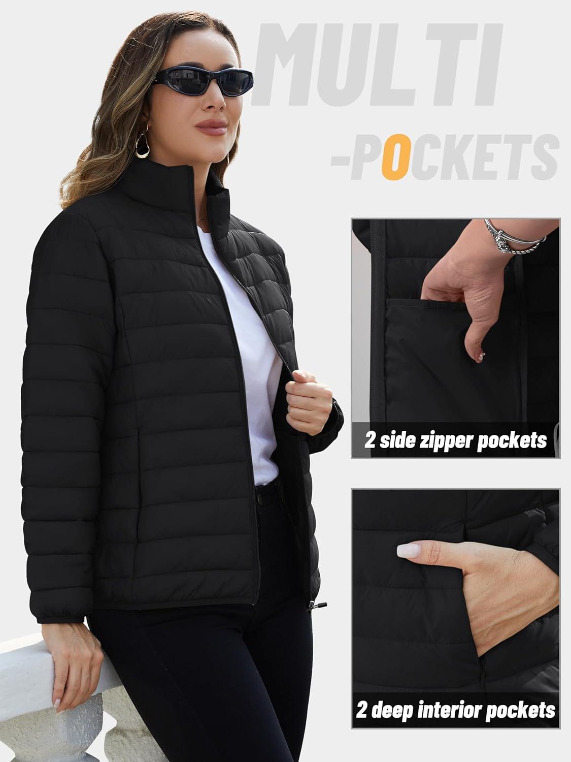 imageTACVASEN Womens Puffer Jackets Quilted Packable Puffy Coats Lightweight Winter Warm Zip Up Down Jacket Stand CollarBlack