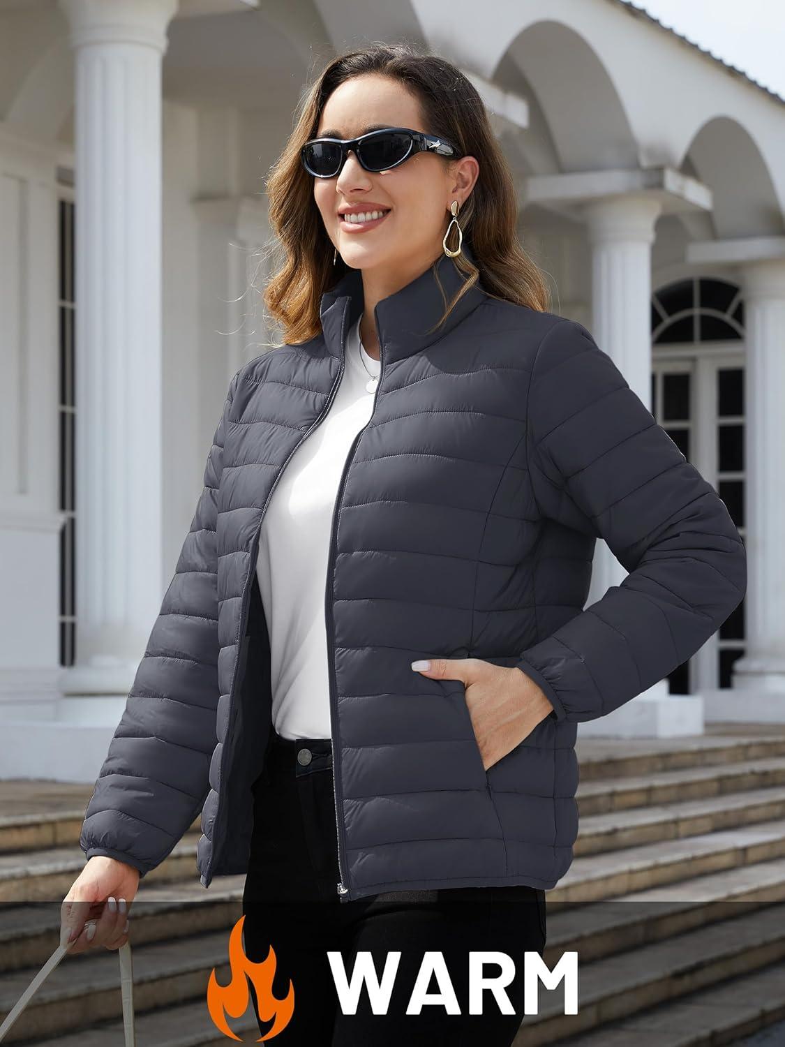 imageTACVASEN Womens Puffer Jackets Quilted Packable Puffy Coats Lightweight Winter Warm Zip Up Down Jacket Stand CollarDark Grey