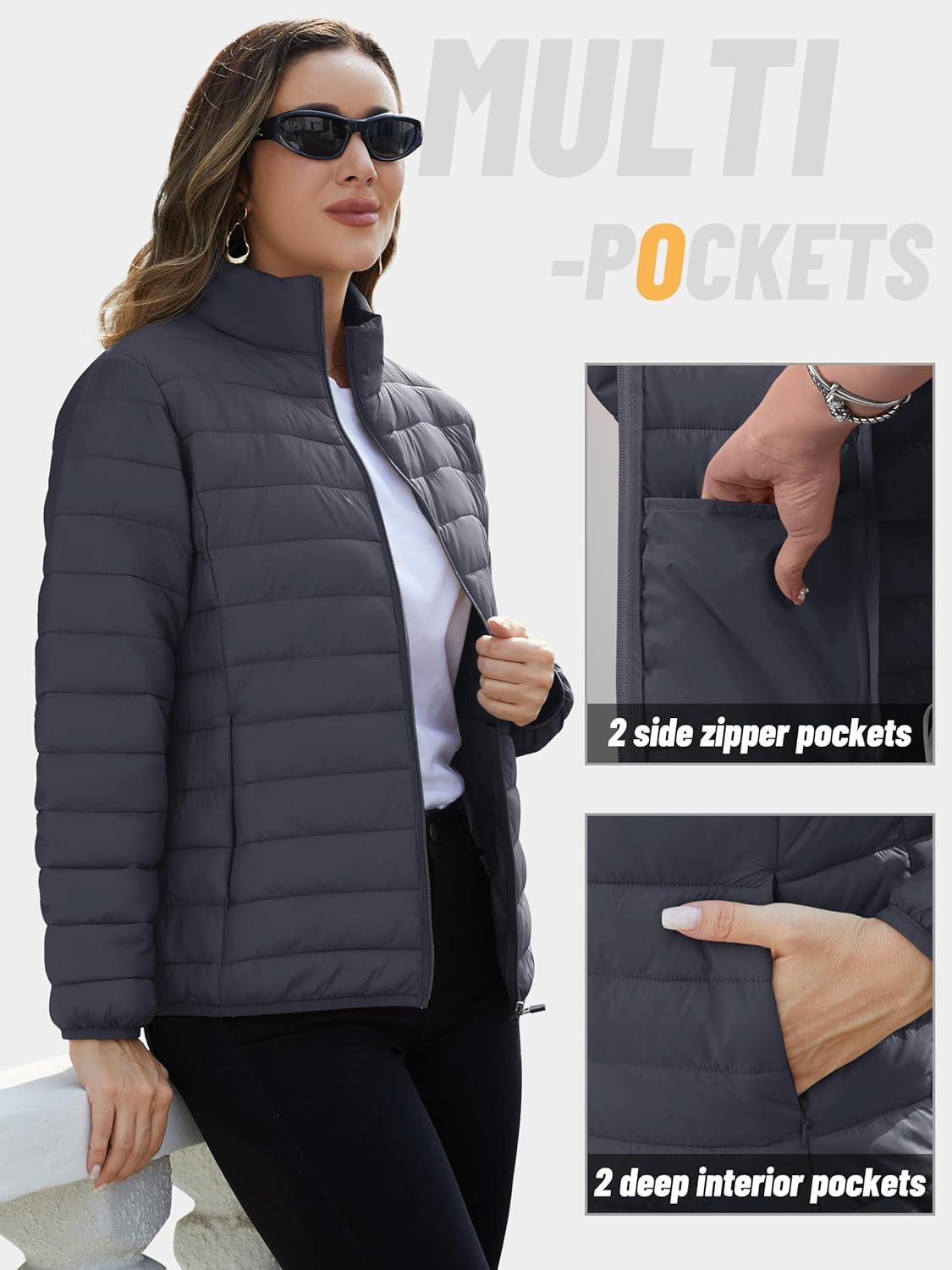 imageTACVASEN Womens Puffer Jackets Quilted Packable Puffy Coats Lightweight Winter Warm Zip Up Down Jacket Stand CollarDark Grey