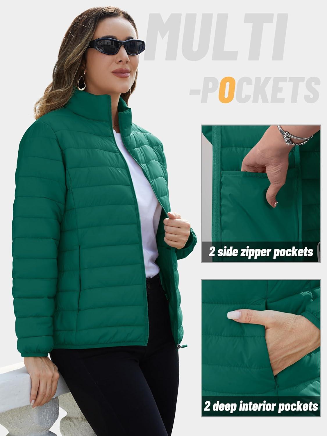 imageTACVASEN Womens Puffer Jackets Quilted Packable Puffy Coats Lightweight Winter Warm Zip Up Down Jacket Stand CollarEmerald Green