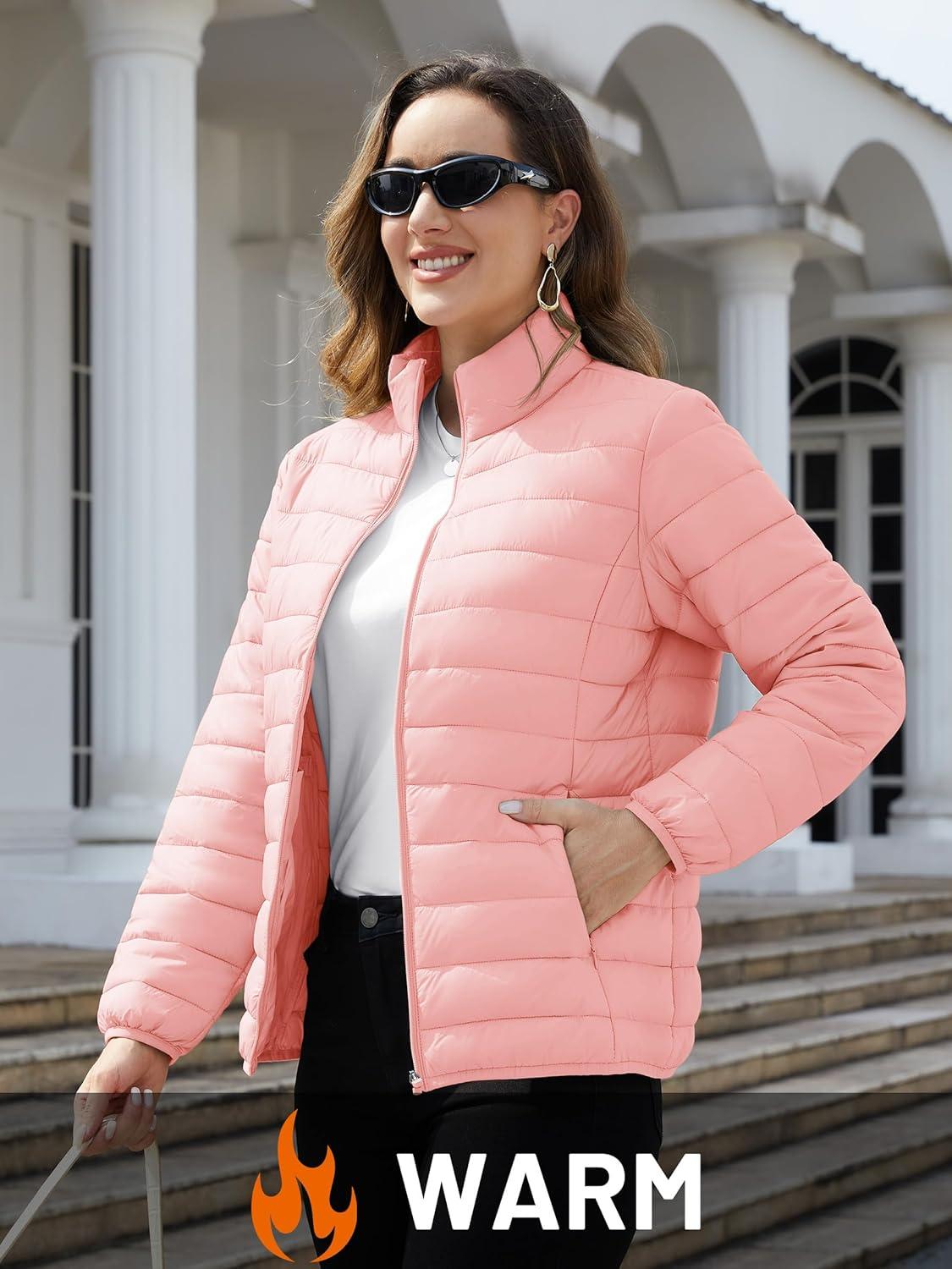 imageTACVASEN Womens Puffer Jackets Quilted Packable Puffy Coats Lightweight Winter Warm Zip Up Down Jacket Stand CollarPink