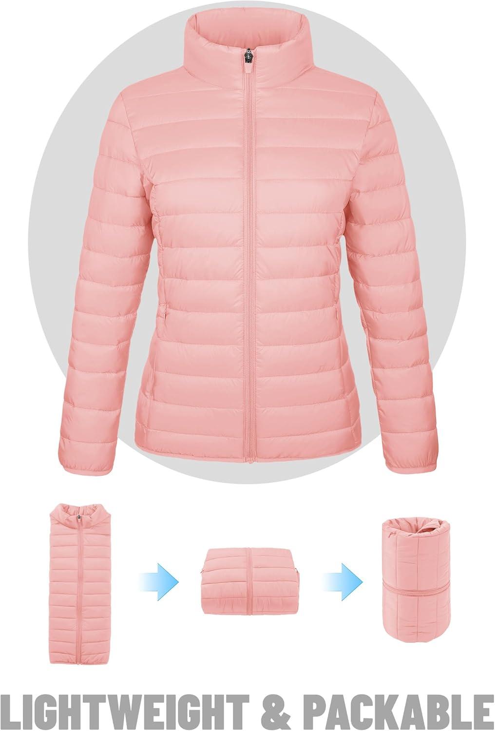 imageTACVASEN Womens Puffer Jackets Quilted Packable Puffy Coats Lightweight Winter Warm Zip Up Down Jacket Stand CollarPink