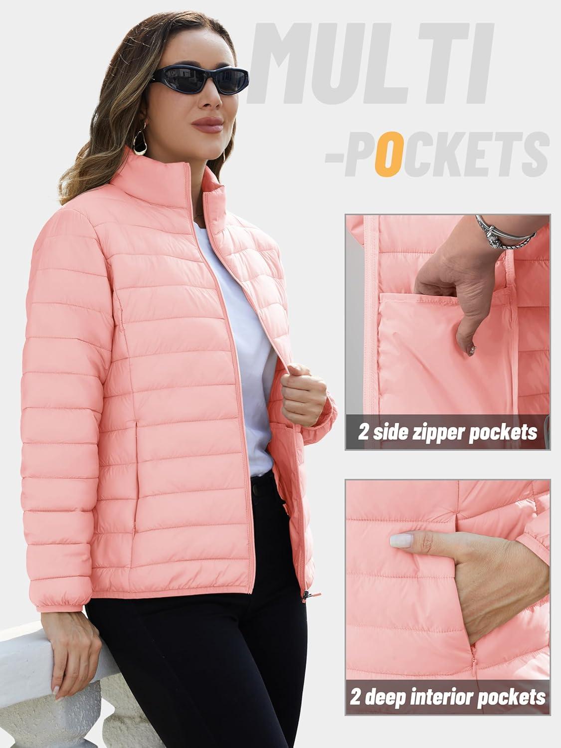 imageTACVASEN Womens Puffer Jackets Quilted Packable Puffy Coats Lightweight Winter Warm Zip Up Down Jacket Stand CollarPink