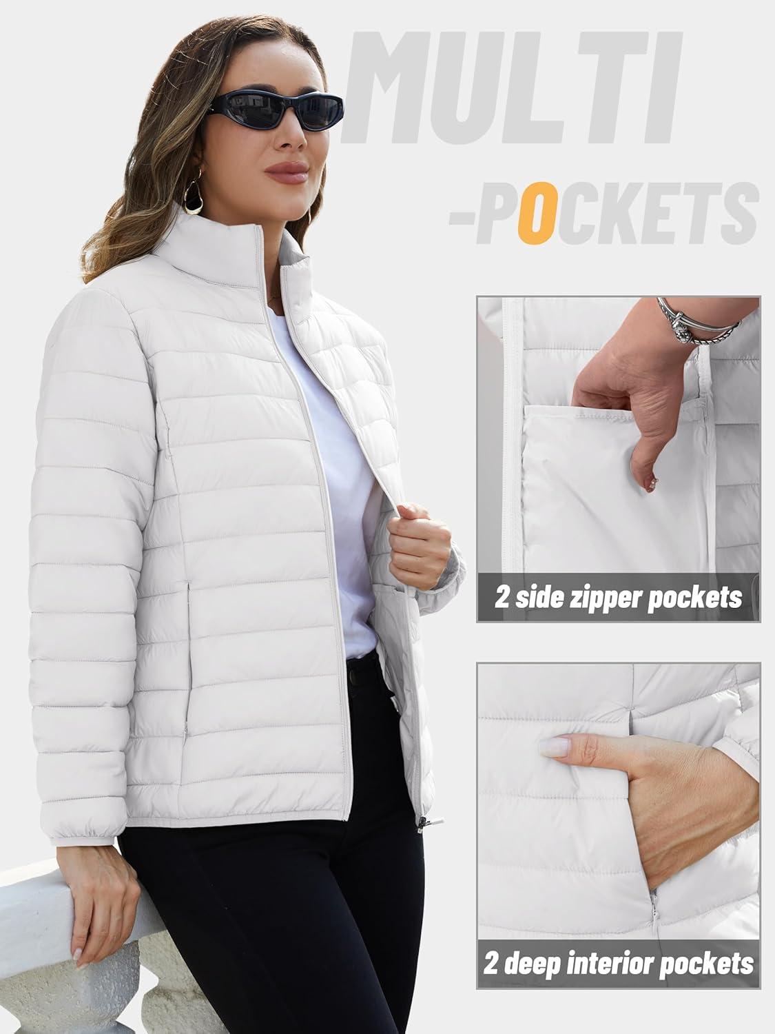 imageTACVASEN Womens Puffer Jackets Quilted Packable Puffy Coats Lightweight Winter Warm Zip Up Down Jacket Stand CollarWhite