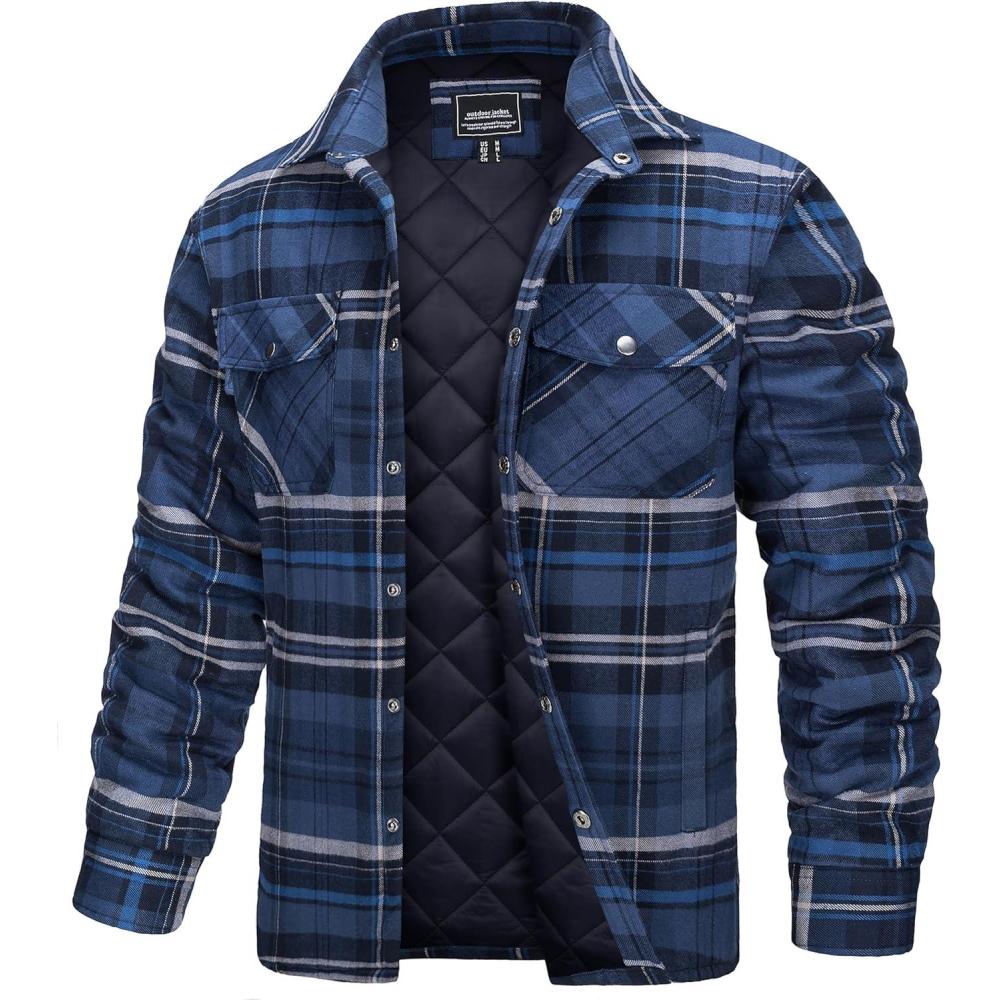 imageTACVASEN Mens Flannel Shirt Quilted Lined Theraml Winter Coat Button Down Insulated Flannel Shirts JacketBlue Grey