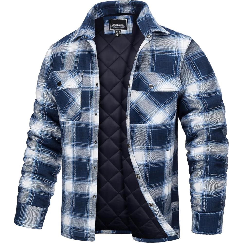 imageTACVASEN Mens Flannel Shirt Quilted Lined Theraml Winter Coat Button Down Insulated Flannel Shirts JacketBlue White