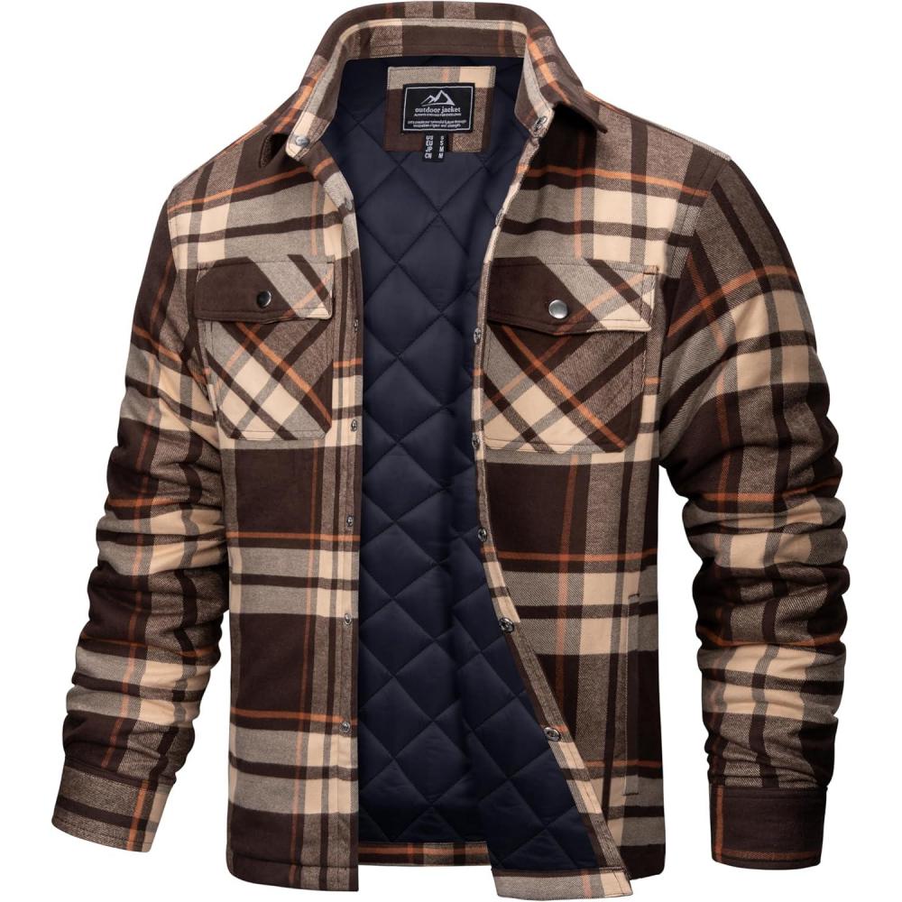 imageTACVASEN Mens Flannel Shirt Quilted Lined Theraml Winter Coat Button Down Insulated Flannel Shirts JacketBrown Yellow