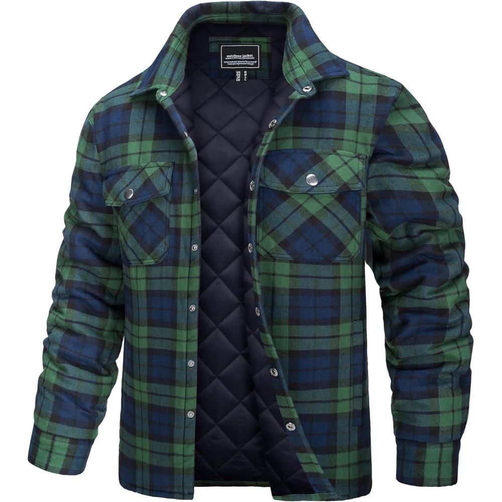 imageTACVASEN Mens Flannel Shirt Quilted Lined Theraml Winter Coat Button Down Insulated Flannel Shirts JacketGreen