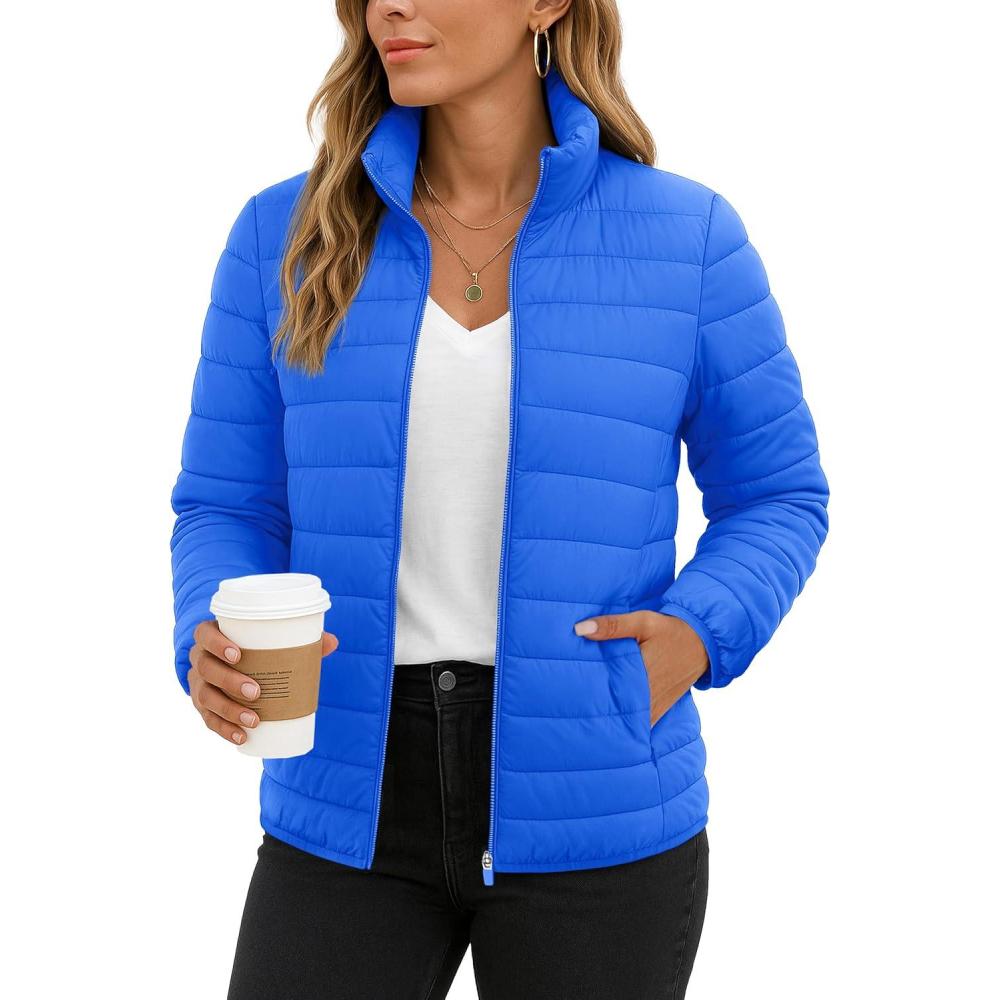imageTACVASEN Womens Puffer Jackets Quilted Packable Puffy Coats Lightweight Winter Warm Zip Up Down Jacket Stand CollarAzure Blue