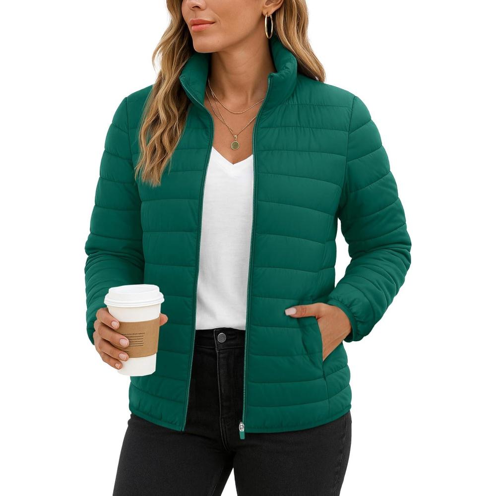 imageTACVASEN Womens Puffer Jackets Quilted Packable Puffy Coats Lightweight Winter Warm Zip Up Down Jacket Stand CollarEmerald Green