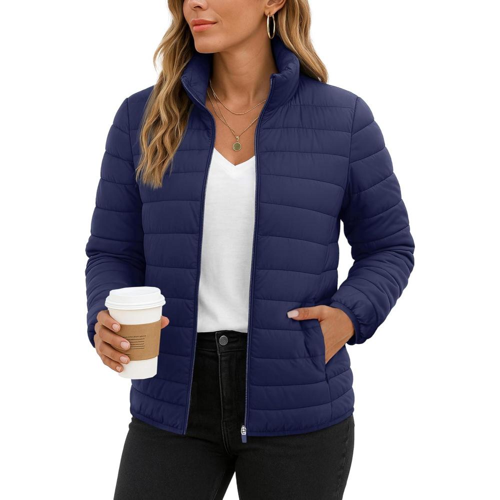 imageTACVASEN Womens Puffer Jackets Quilted Packable Puffy Coats Lightweight Winter Warm Zip Up Down Jacket Stand CollarNavy Blue
