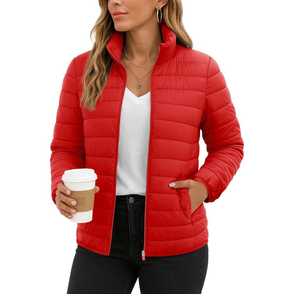 imageTACVASEN Womens Puffer Jackets Quilted Packable Puffy Coats Lightweight Winter Warm Zip Up Down Jacket Stand CollarTomato Red