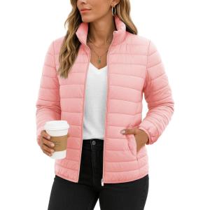 imageTACVASEN Womens Puffer Jackets Quilted Packable Puffy Coats Lightweight Winter Warm Zip Up Down Jacket Stand CollarPink